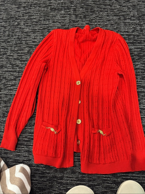 Celine Sweaters - Celine Red Cable-Knit Cardigan with Gold Buttons